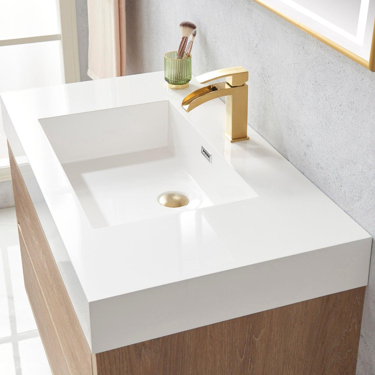 Vinnova Palencia 36" Single Sink Wall-Mount Bath Vanity In North American Oak With White Composite Integral Square Sink Top And Mirror