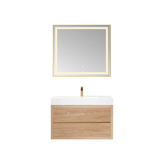 Vinnova Palencia 36" Single Sink Wall-Mount Bath Vanity In North American Oak With White Composite Integral Square Sink Top And Mirror