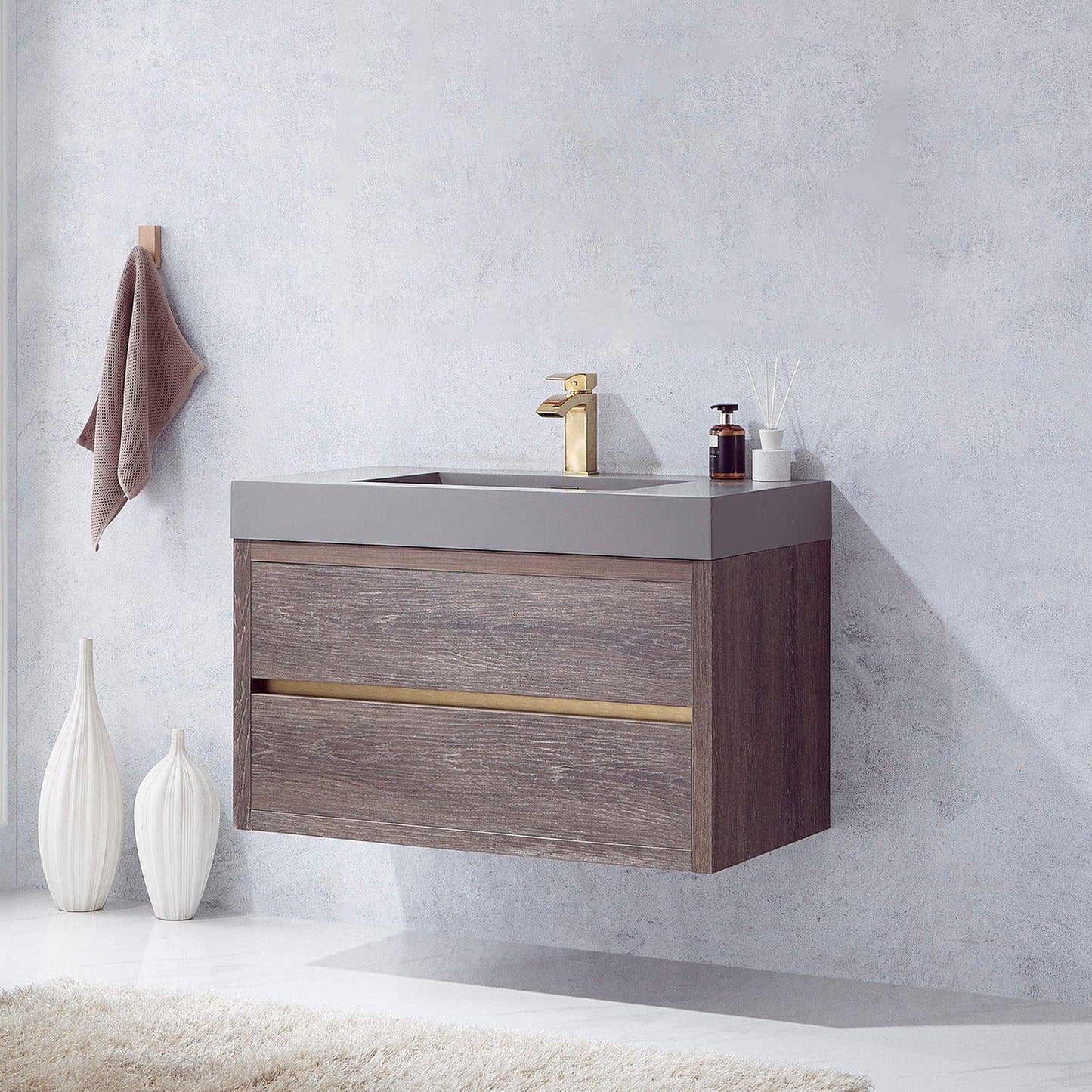 Vinnova Palencia 36" Single Sink Wall-Mount Bath Vanity In North Carolina Oak With Grey Composite Integral Square Sink Top