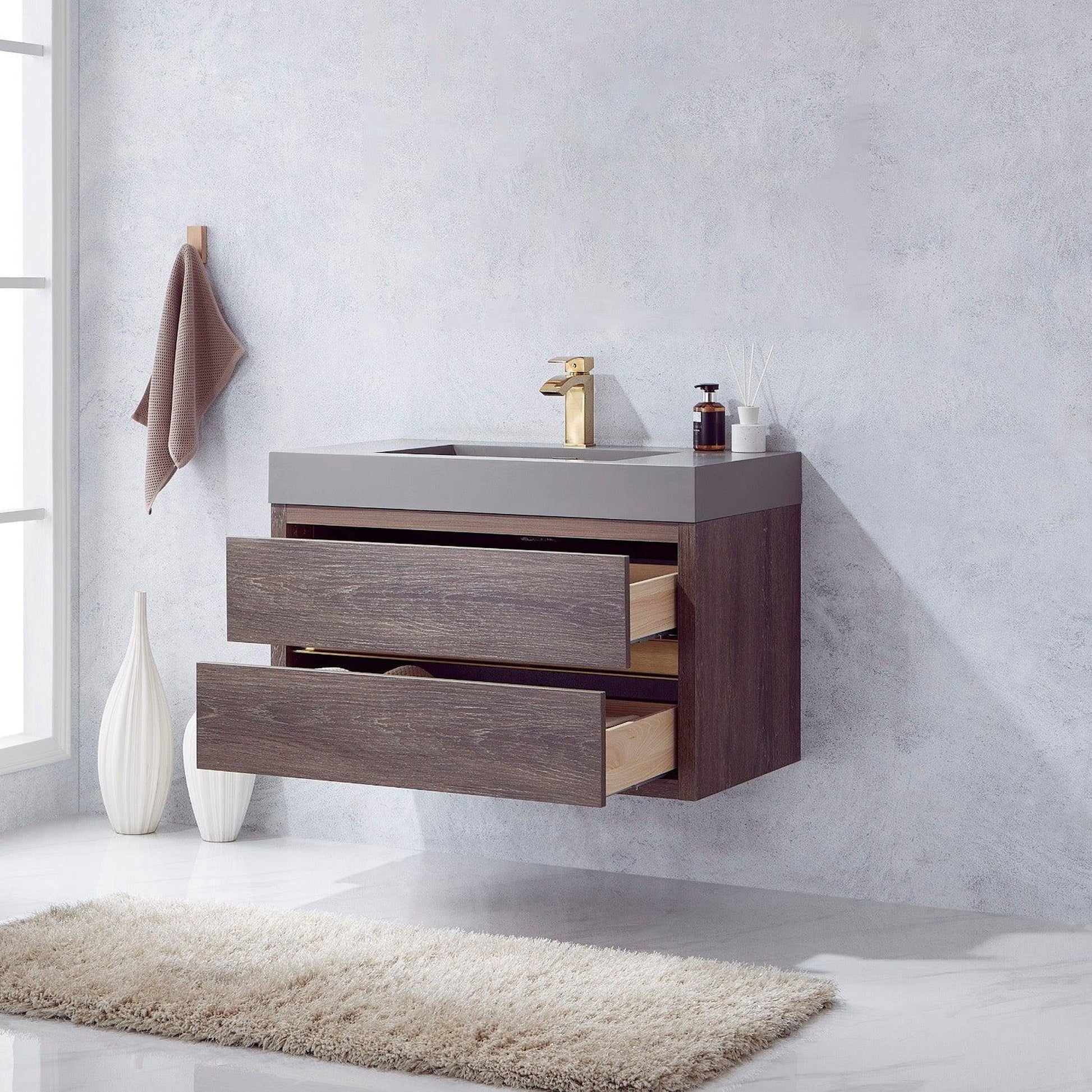 Vinnova Palencia 36" Single Sink Wall-Mount Bath Vanity In North Carolina Oak With Grey Composite Integral Square Sink Top