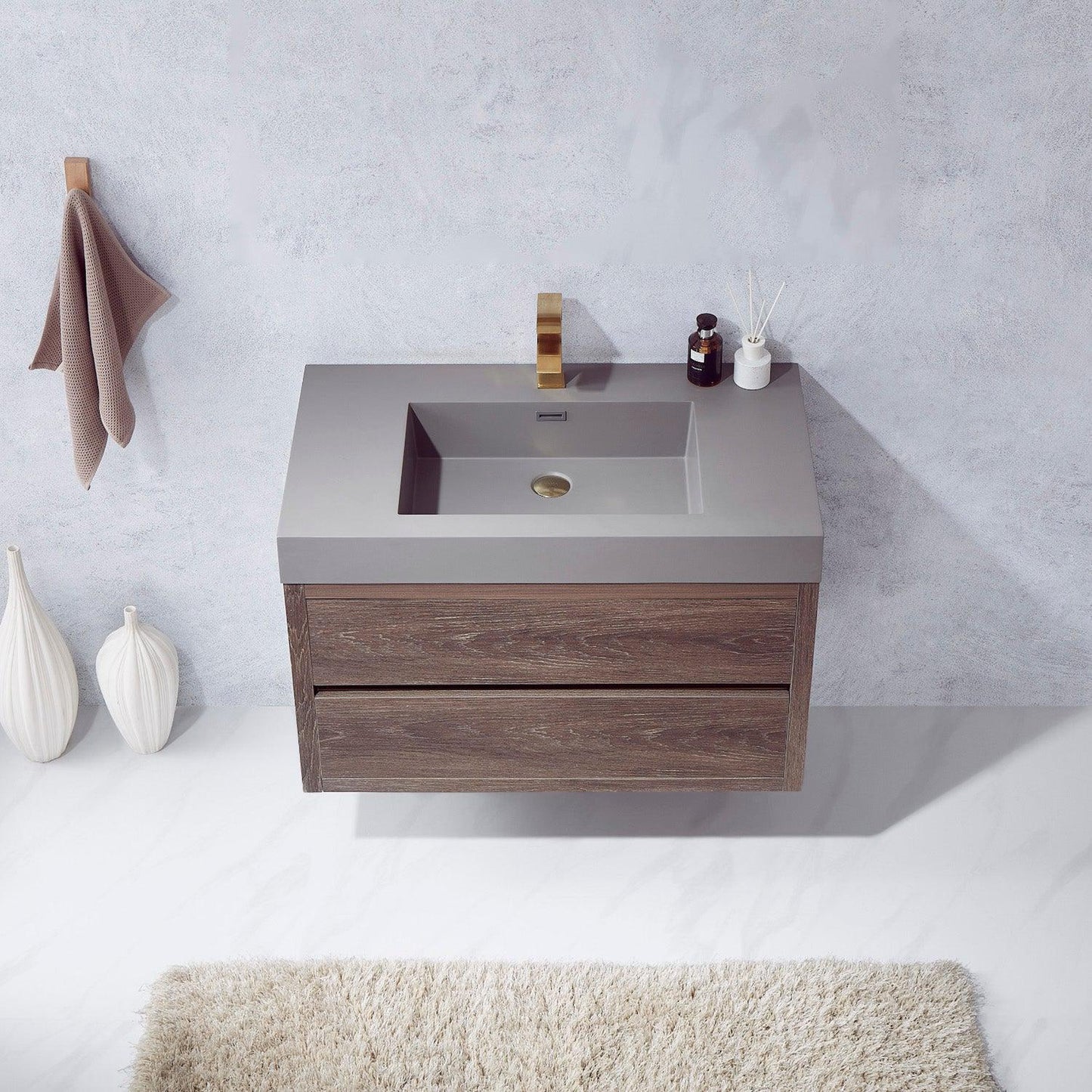 Vinnova Palencia 36" Single Sink Wall-Mount Bath Vanity In North Carolina Oak With Grey Composite Integral Square Sink Top