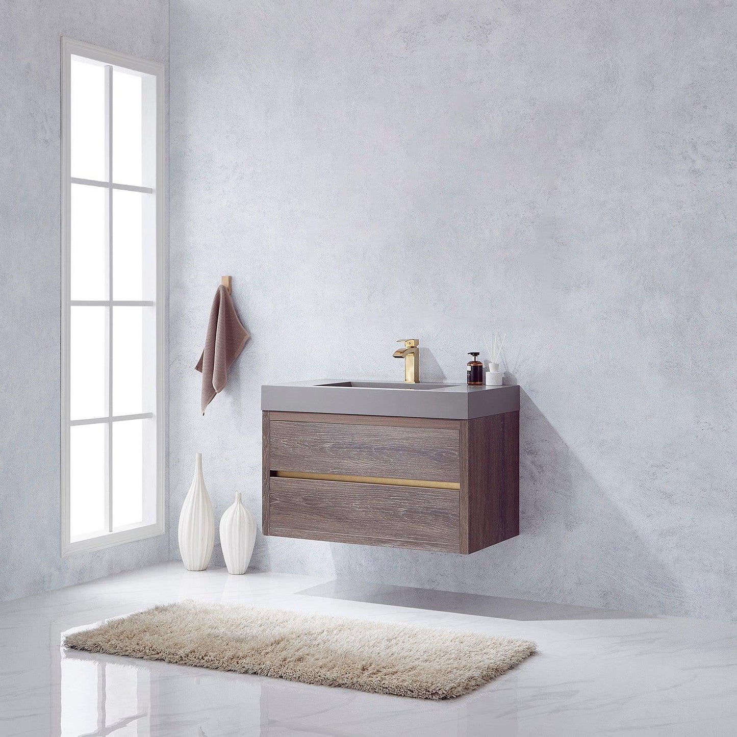 Vinnova Palencia 36" Single Sink Wall-Mount Bath Vanity In North Carolina Oak With Grey Composite Integral Square Sink Top