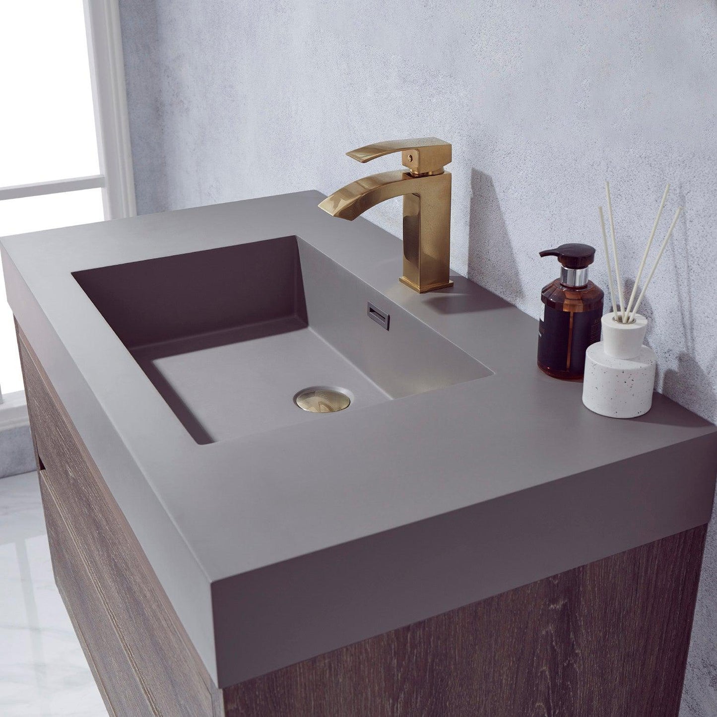 Vinnova Palencia 36" Single Sink Wall-Mount Bath Vanity In North Carolina Oak With Grey Composite Integral Square Sink Top