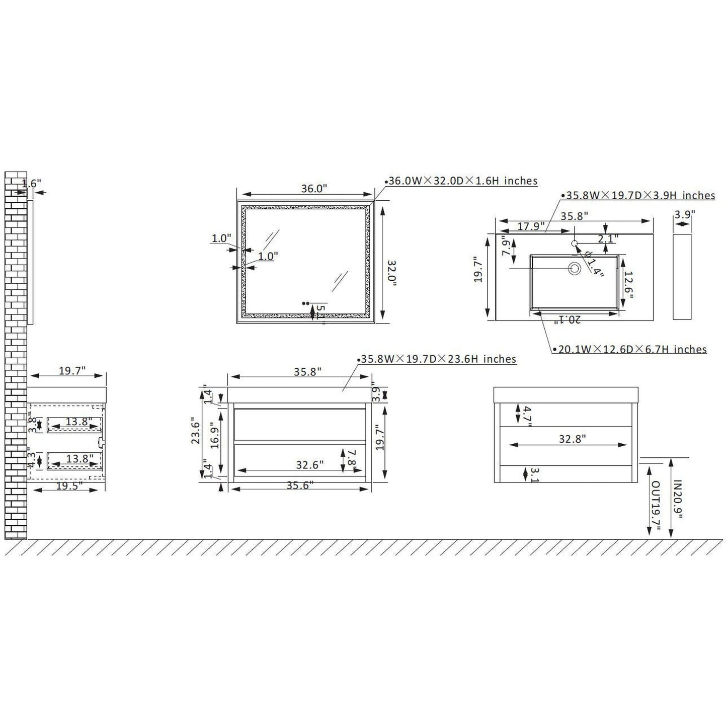 Vinnova Palencia 36" Single Sink Wall-Mount Bath Vanity In North Carolina Oak With Grey Composite Integral Square Sink Top And Mirror