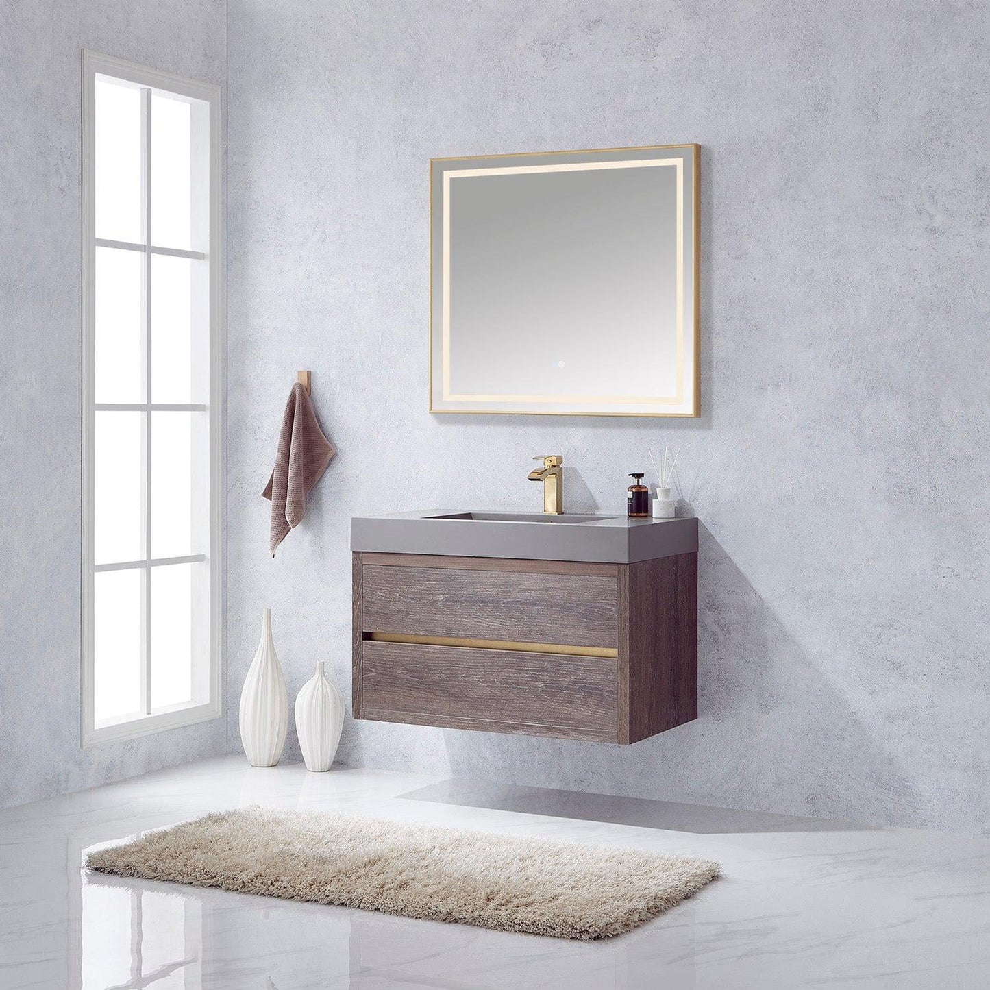 Vinnova Palencia 36" Single Sink Wall-Mount Bath Vanity In North Carolina Oak With Grey Composite Integral Square Sink Top And Mirror