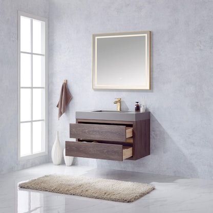 Vinnova Palencia 36" Single Sink Wall-Mount Bath Vanity In North Carolina Oak With Grey Composite Integral Square Sink Top And Mirror