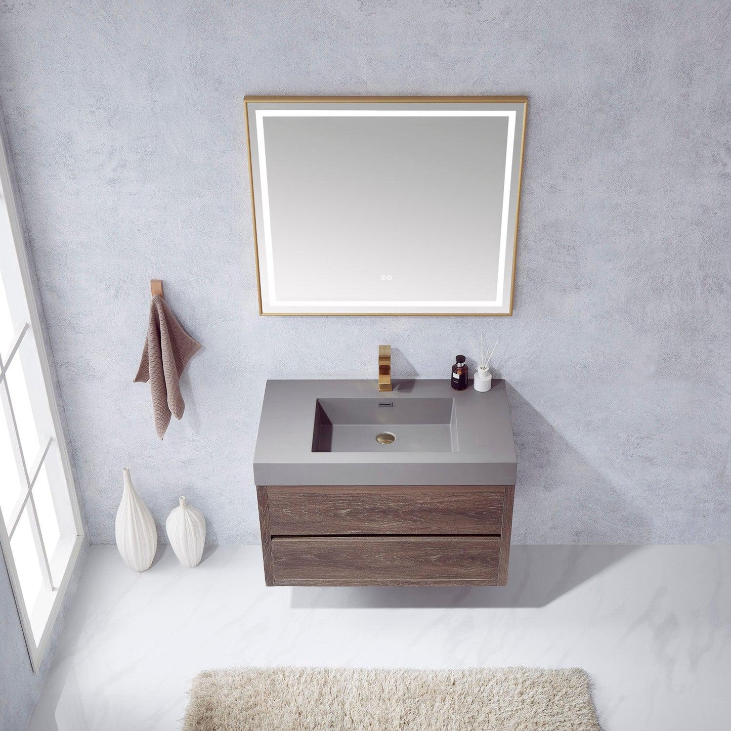 Vinnova Palencia 36" Single Sink Wall-Mount Bath Vanity In North Carolina Oak With Grey Composite Integral Square Sink Top And Mirror