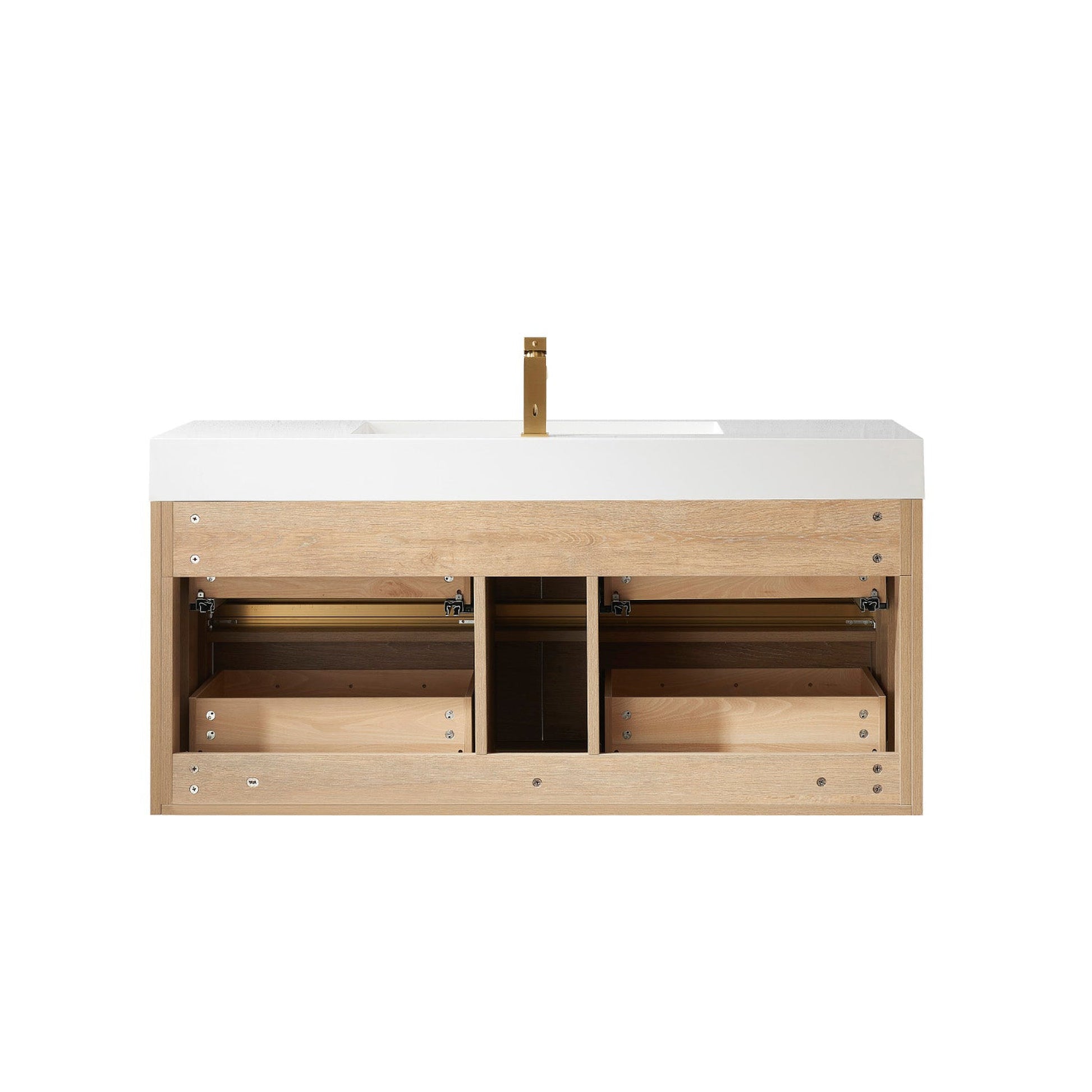 Vinnova Palencia 48" Single Sink Wall-Mount Bath Vanity In North American Oak With White Composite Integral Square Sink Top