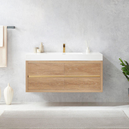 Vinnova Palencia 48" Single Sink Wall-Mount Bath Vanity In North American Oak With White Composite Integral Square Sink Top