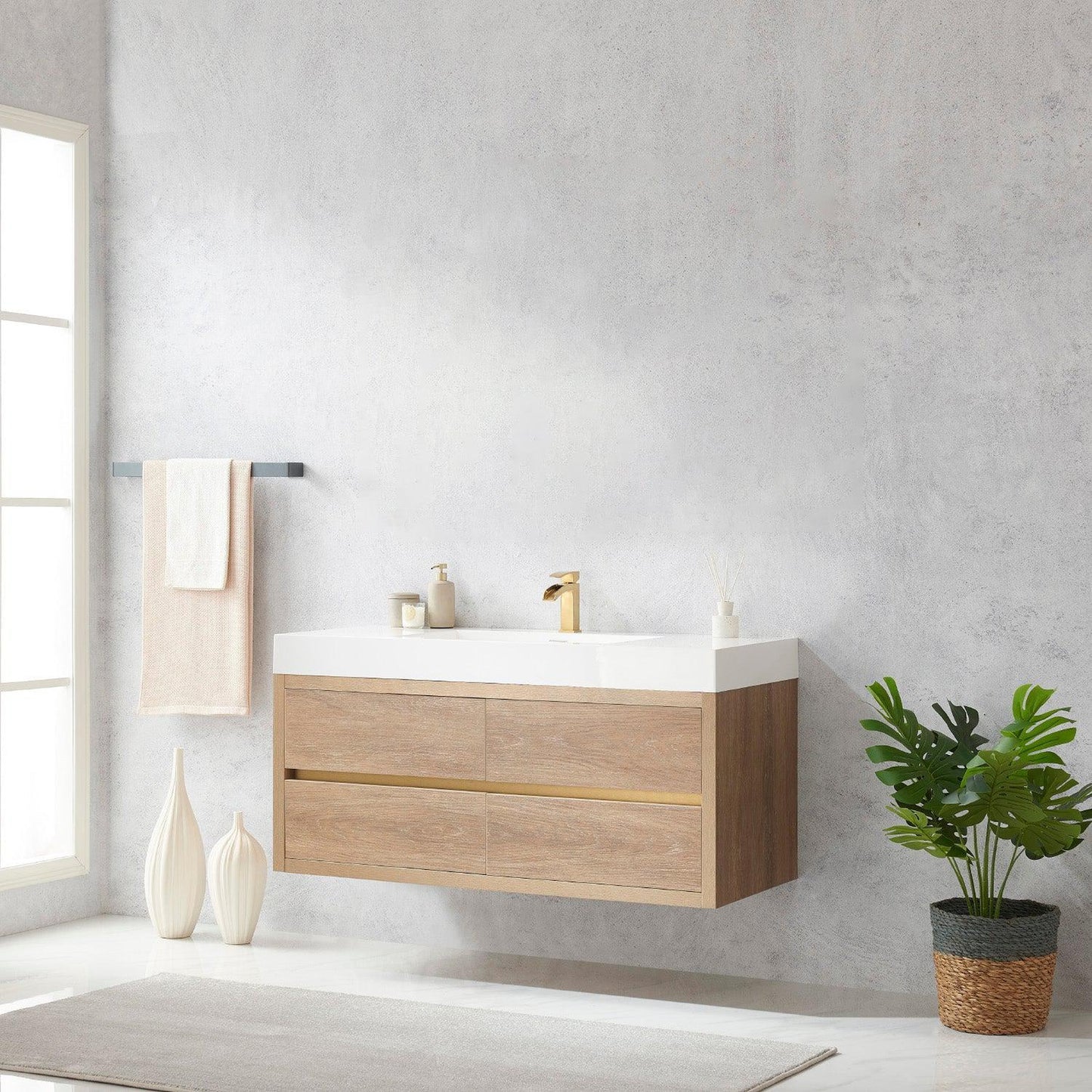 Vinnova Palencia 48" Single Sink Wall-Mount Bath Vanity In North American Oak With White Composite Integral Square Sink Top