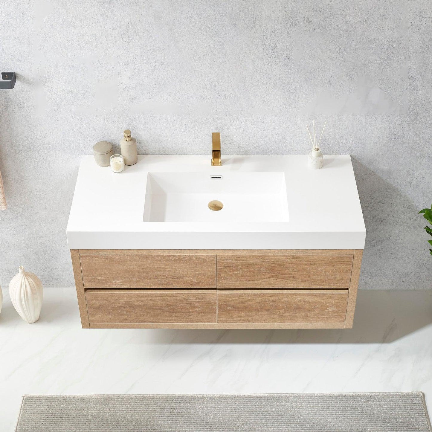 Vinnova Palencia 48" Single Sink Wall-Mount Bath Vanity In North American Oak With White Composite Integral Square Sink Top