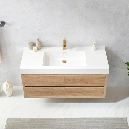 Vinnova Palencia 48" Single Sink Wall-Mount Bath Vanity In North American Oak With White Composite Integral Square Sink Top