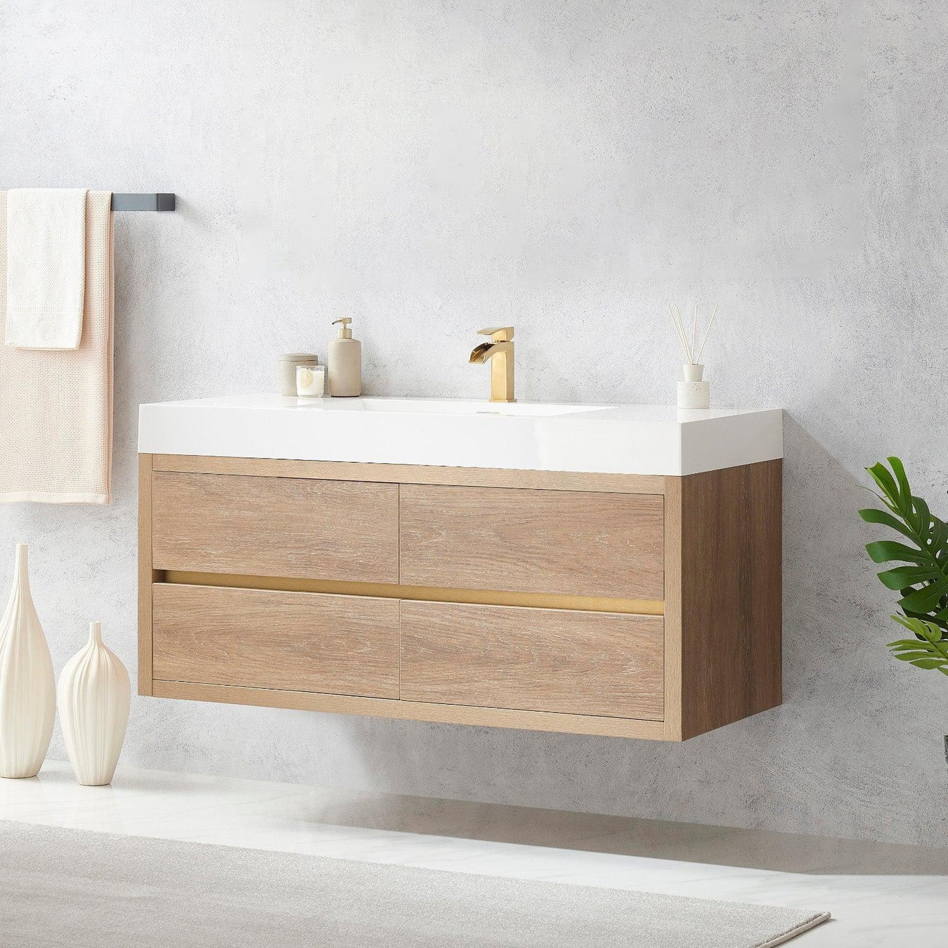 Vinnova Palencia 48" Single Sink Wall-Mount Bath Vanity In North American Oak With White Composite Integral Square Sink Top