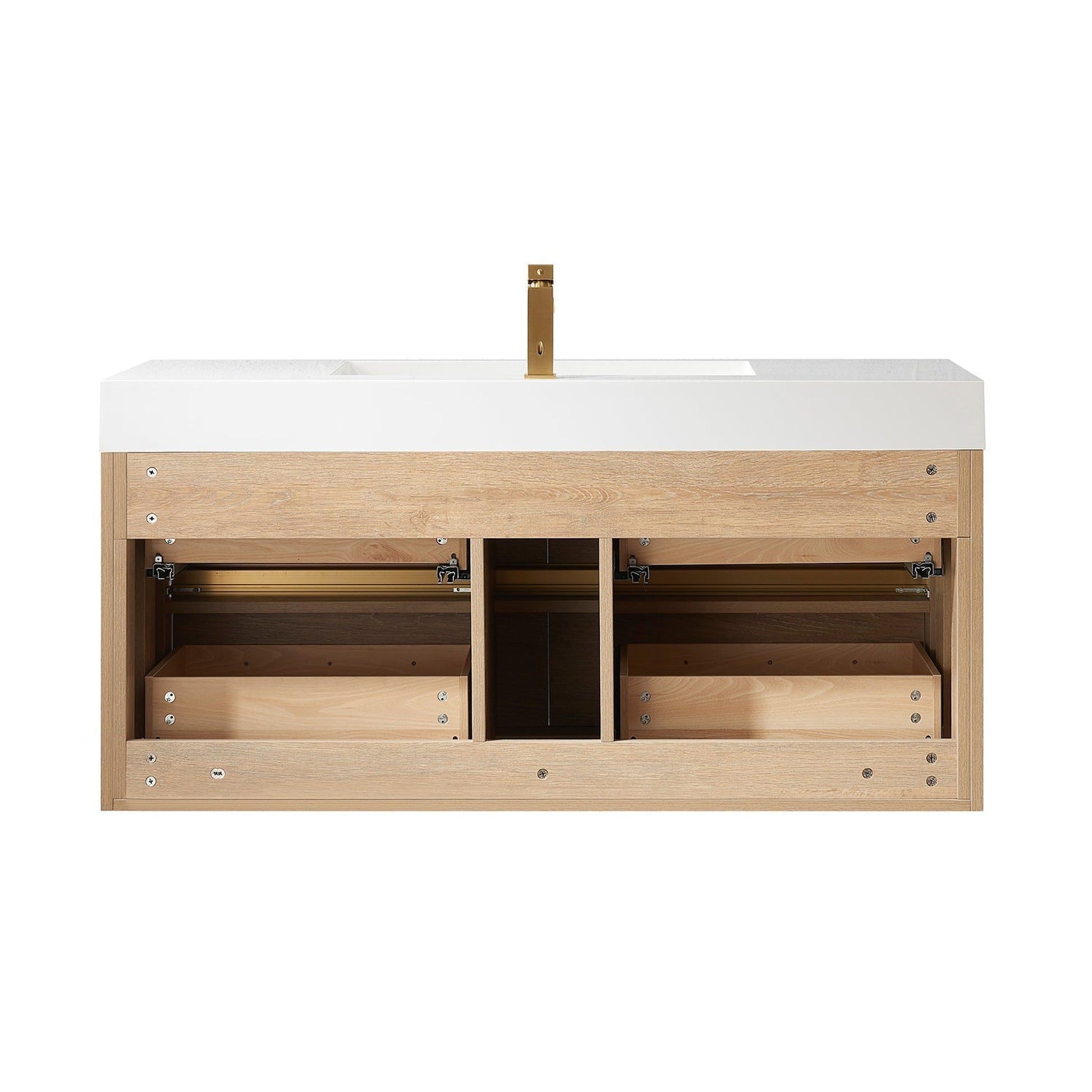 Vinnova Palencia 48" Single Sink Wall-Mount Bath Vanity In North American Oak With White Composite Integral Square Sink Top And Mirror