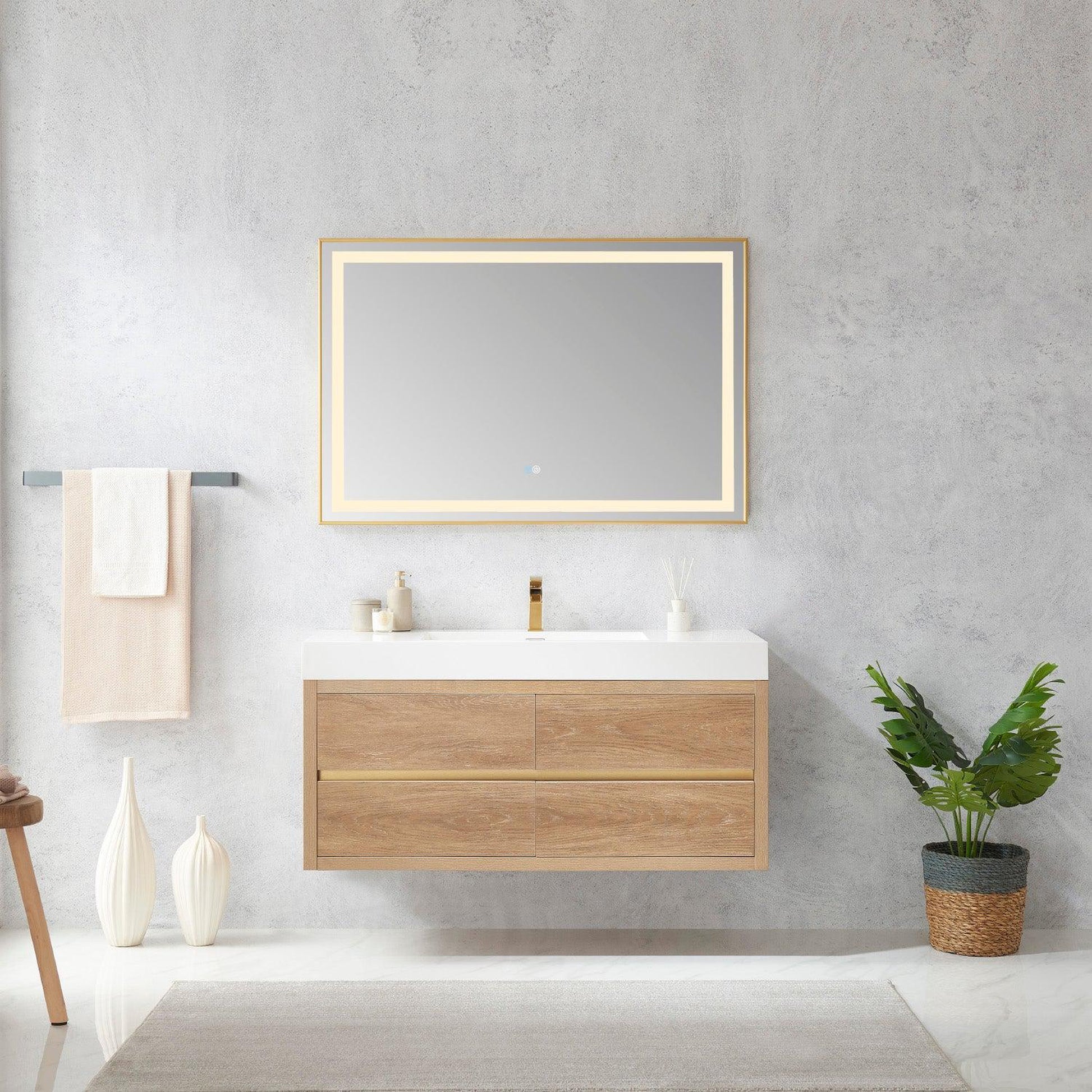 Vinnova Palencia 48" Single Sink Wall-Mount Bath Vanity In North American Oak With White Composite Integral Square Sink Top And Mirror