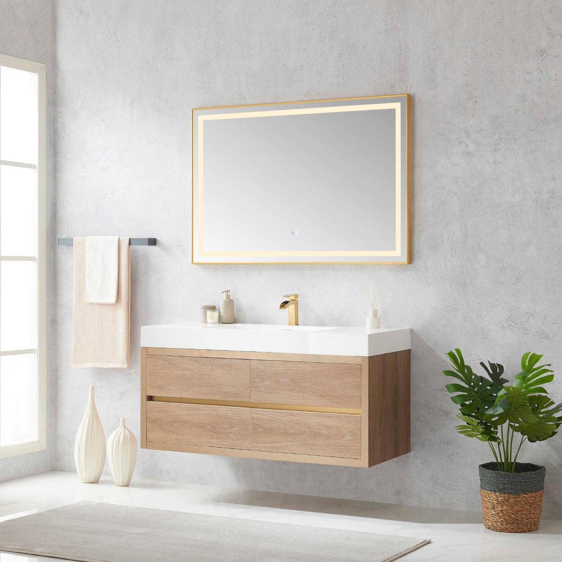 Vinnova Palencia 48" Single Sink Wall-Mount Bath Vanity In North American Oak With White Composite Integral Square Sink Top And Mirror