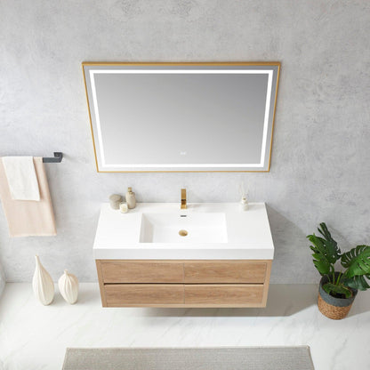 Vinnova Palencia 48" Single Sink Wall-Mount Bath Vanity In North American Oak With White Composite Integral Square Sink Top And Mirror