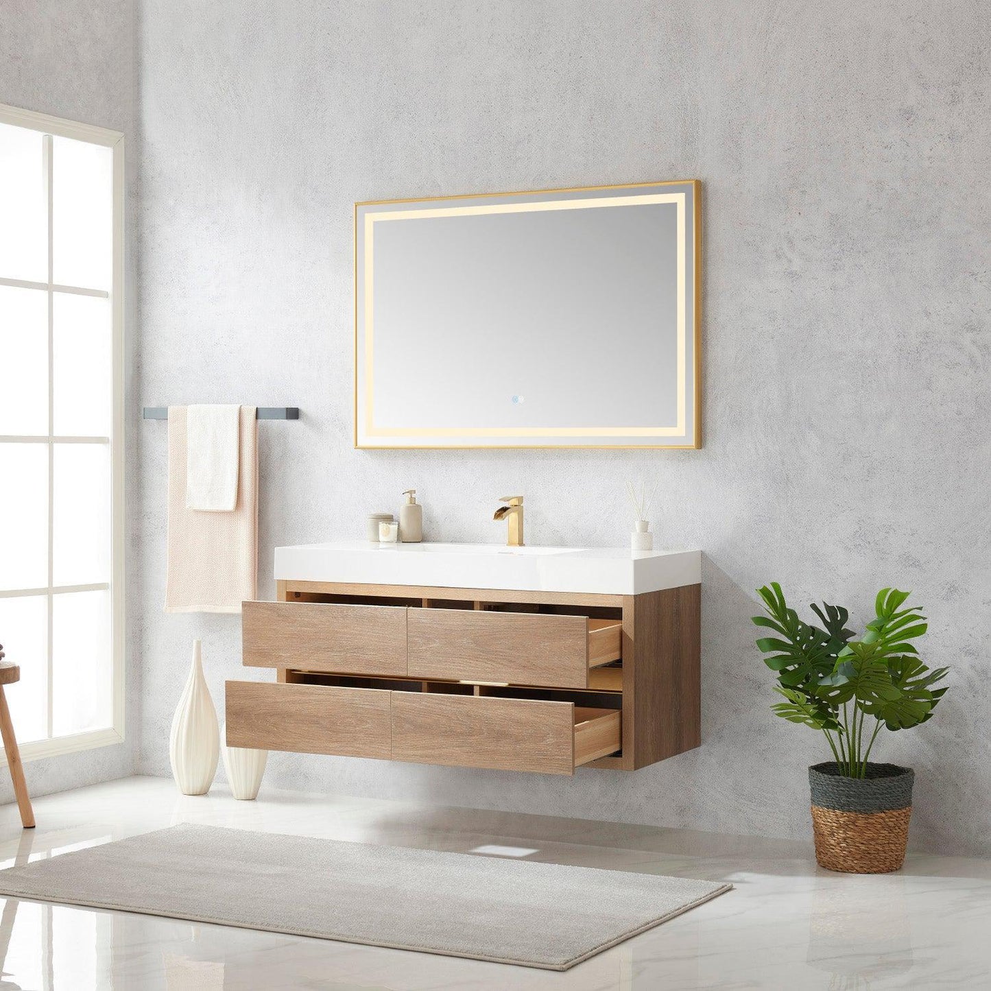 Vinnova Palencia 48" Single Sink Wall-Mount Bath Vanity In North American Oak With White Composite Integral Square Sink Top And Mirror