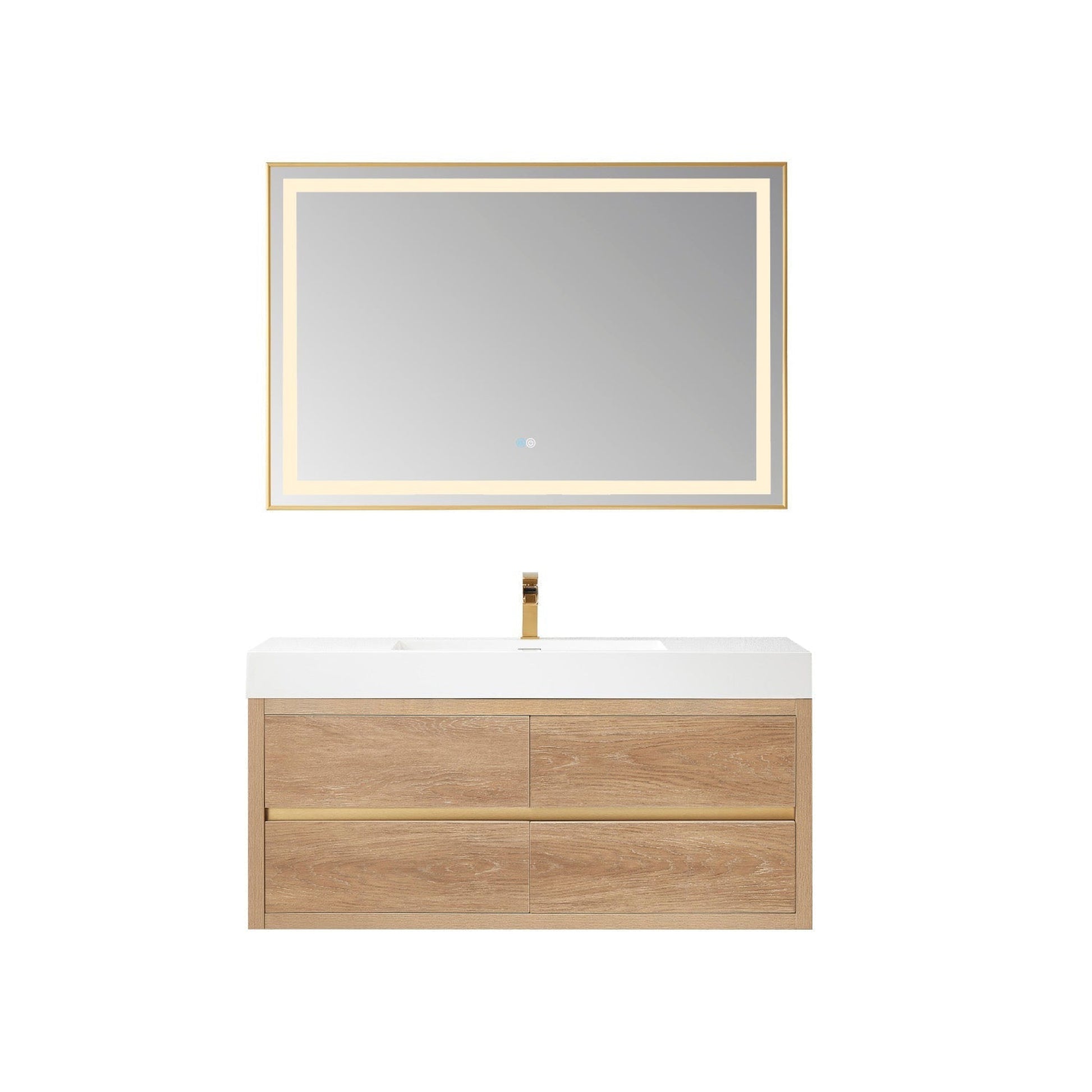 Vinnova Palencia 48" Single Sink Wall-Mount Bath Vanity In North American Oak With White Composite Integral Square Sink Top And Mirror