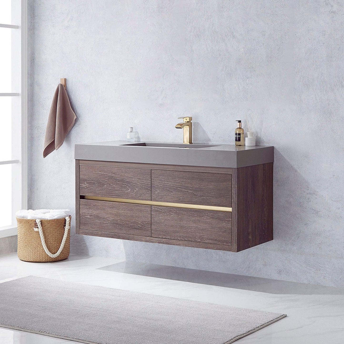 Vinnova Palencia 48" Single Sink Wall-Mount Bath Vanity In North Carolina Oak With Grey Composite Integral Square Sink Top