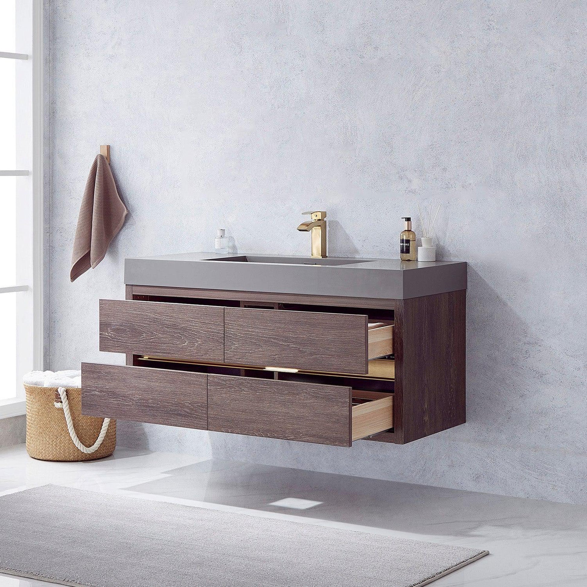 Vinnova Palencia 48" Single Sink Wall-Mount Bath Vanity In North Carolina Oak With Grey Composite Integral Square Sink Top