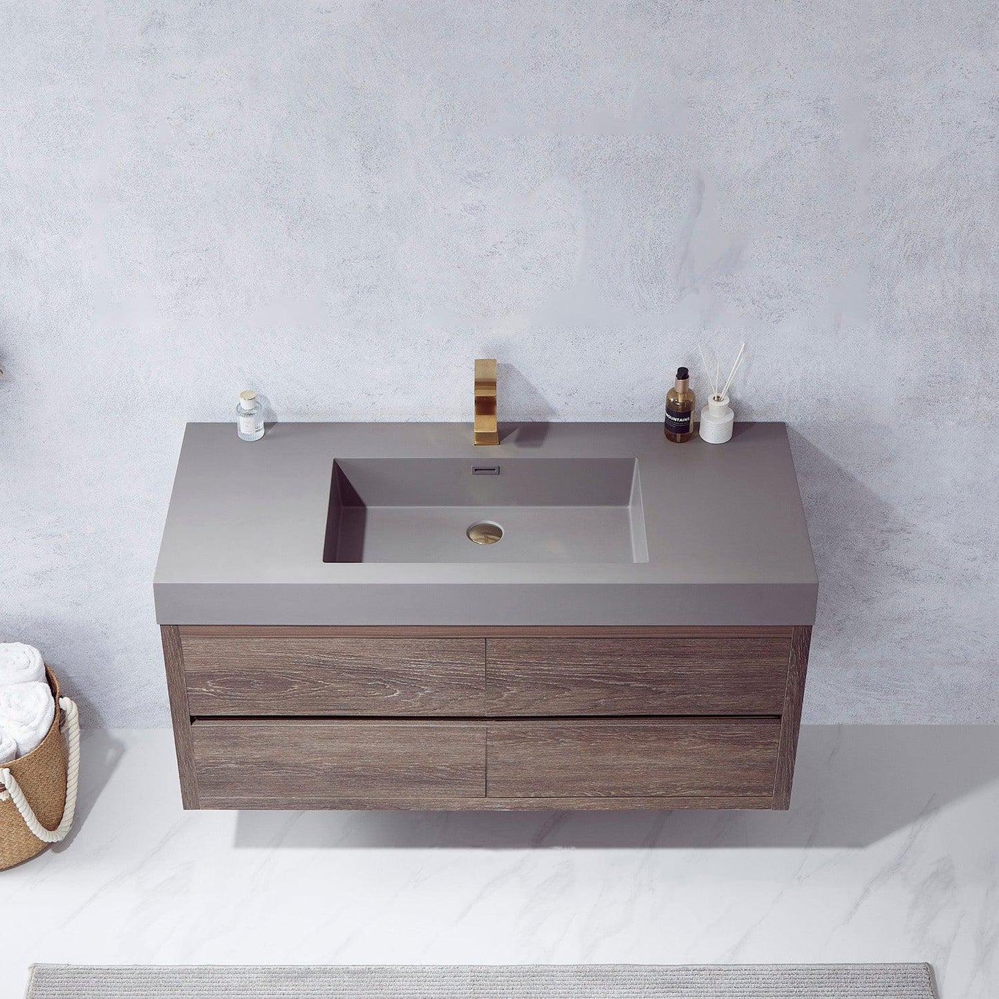 Vinnova Palencia 48" Single Sink Wall-Mount Bath Vanity In North Carolina Oak With Grey Composite Integral Square Sink Top