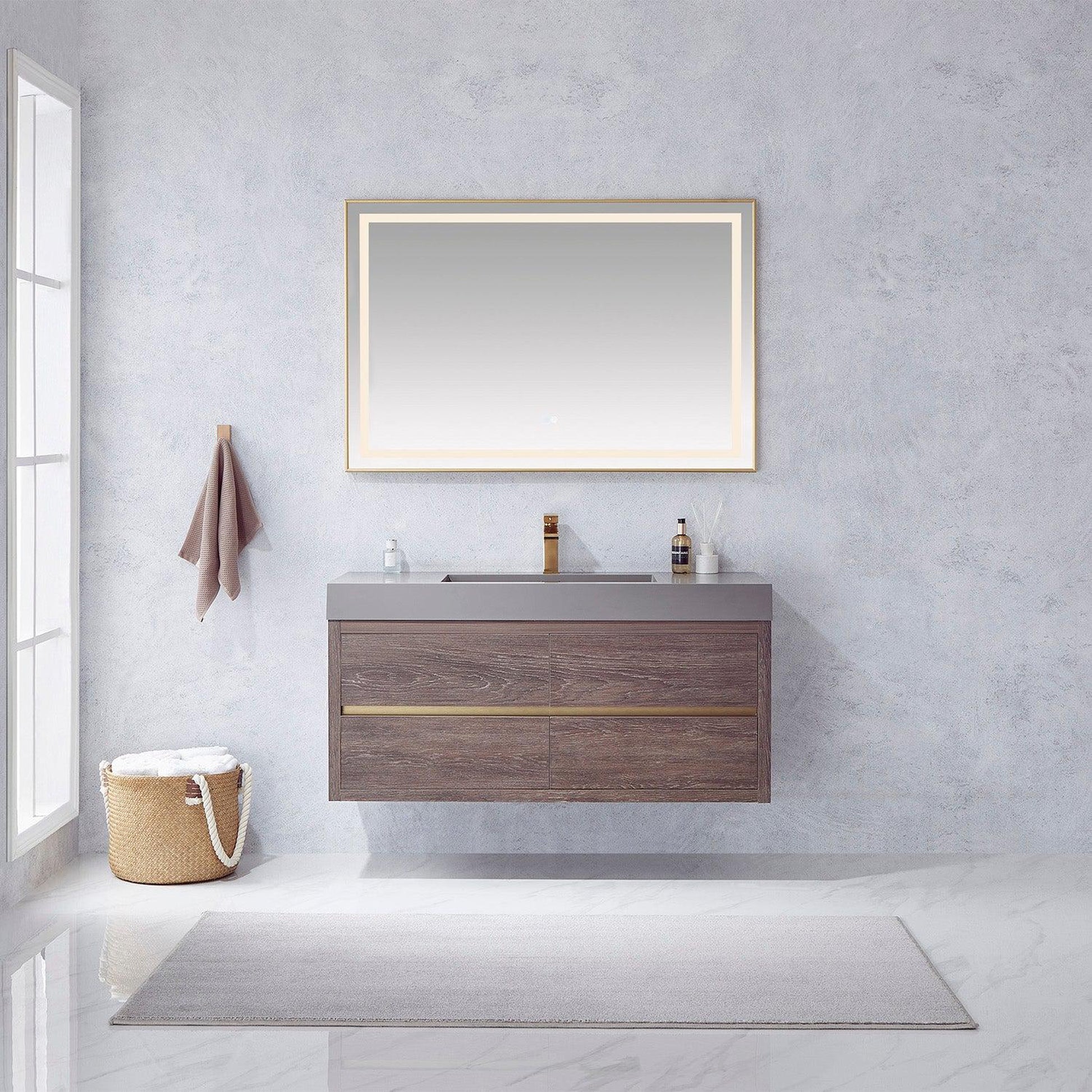 Vinnova Palencia 48" Single Sink Wall-Mount Bath Vanity In North Carolina Oak With Grey Composite Integral Square Sink Top And Mirror