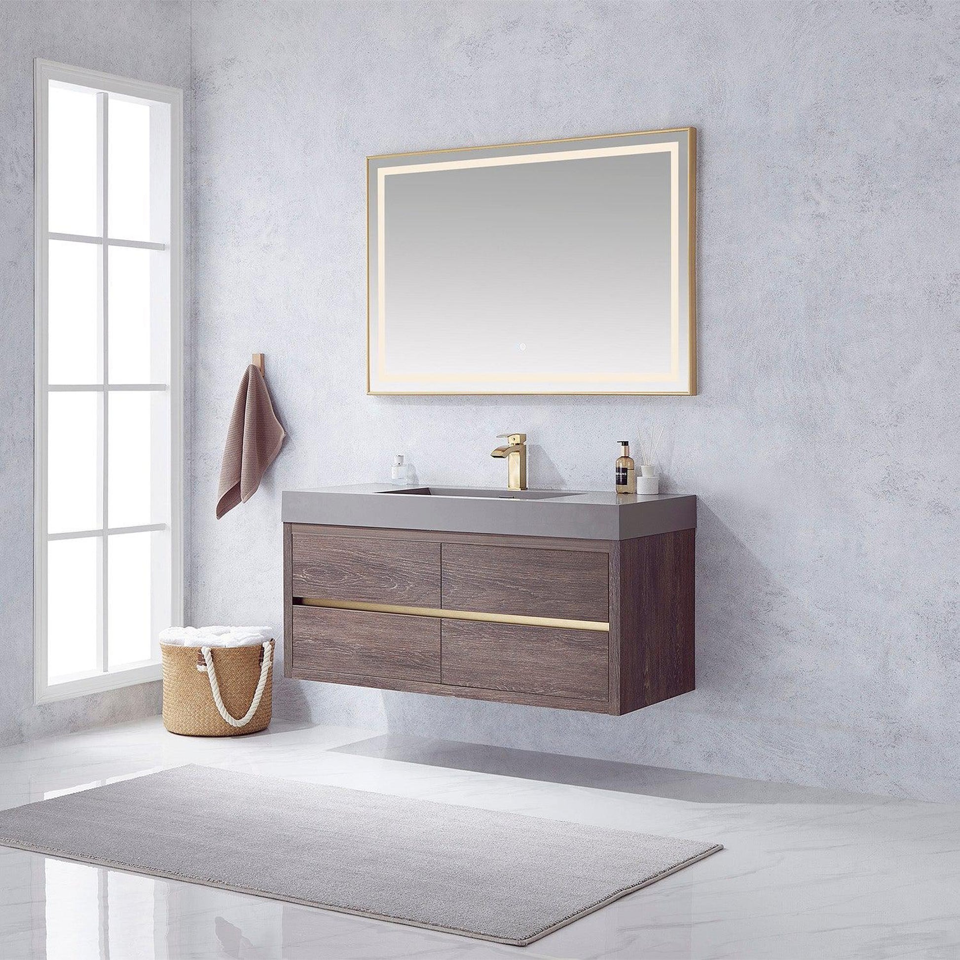 Vinnova Palencia 48" Single Sink Wall-Mount Bath Vanity In North Carolina Oak With Grey Composite Integral Square Sink Top And Mirror