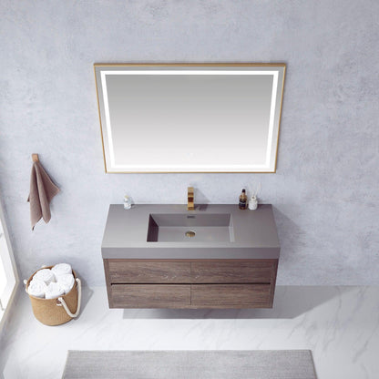 Vinnova Palencia 48" Single Sink Wall-Mount Bath Vanity In North Carolina Oak With Grey Composite Integral Square Sink Top And Mirror