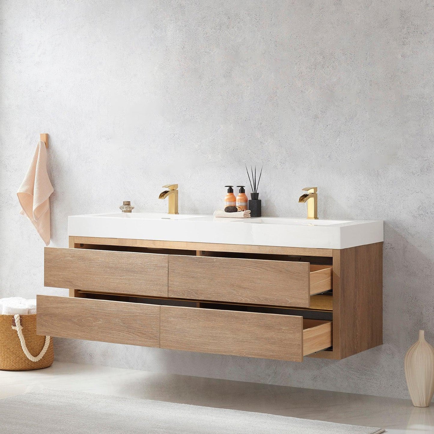 Vinnova Palencia 60" Double Sink Wall-Mount Bath Vanity In North American Oak With White Composite Integral Square Sink Top