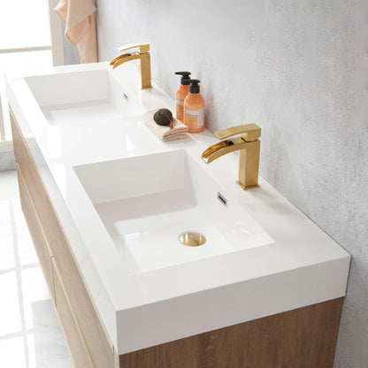 Vinnova Palencia 60" Double Sink Wall-Mount Bath Vanity In North American Oak With White Composite Integral Square Sink Top