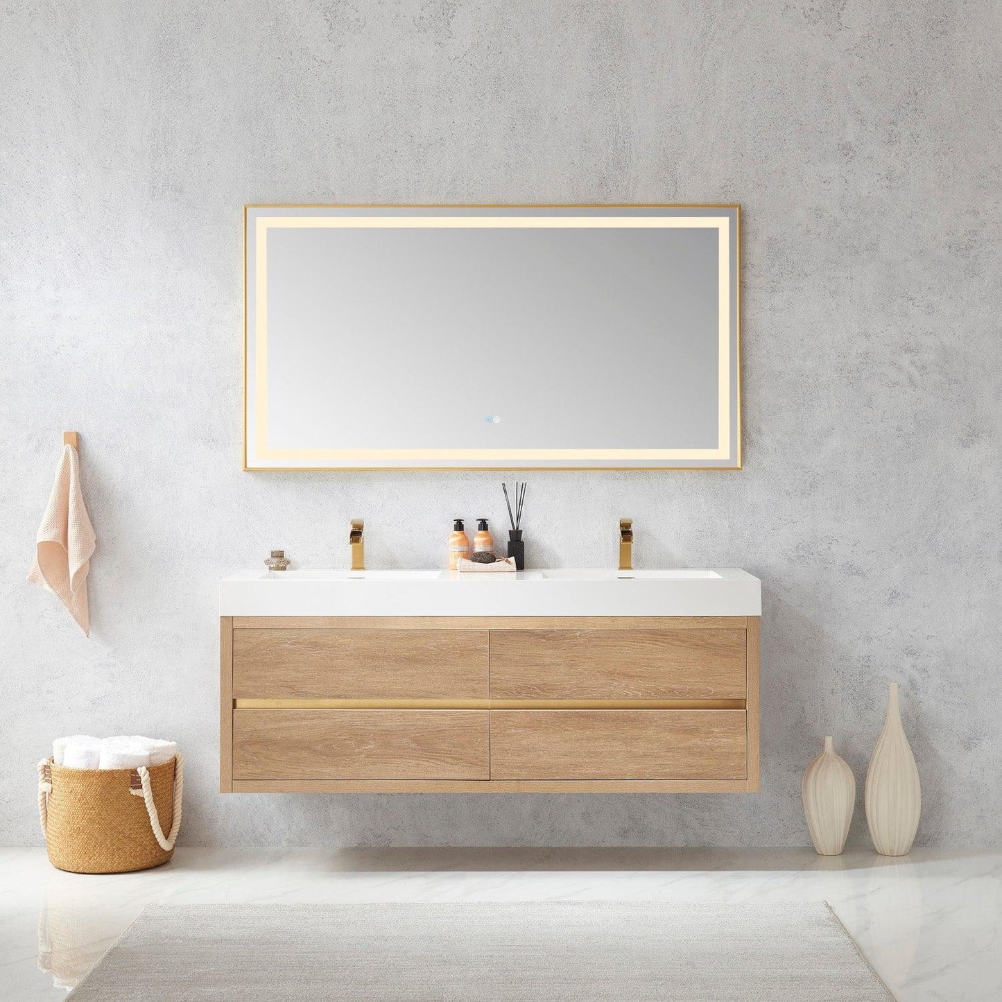 Vinnova Palencia 60" Double Sink Wall-Mount Bath Vanity In North American Oak With White Composite Integral Square Sink Top And Mirror