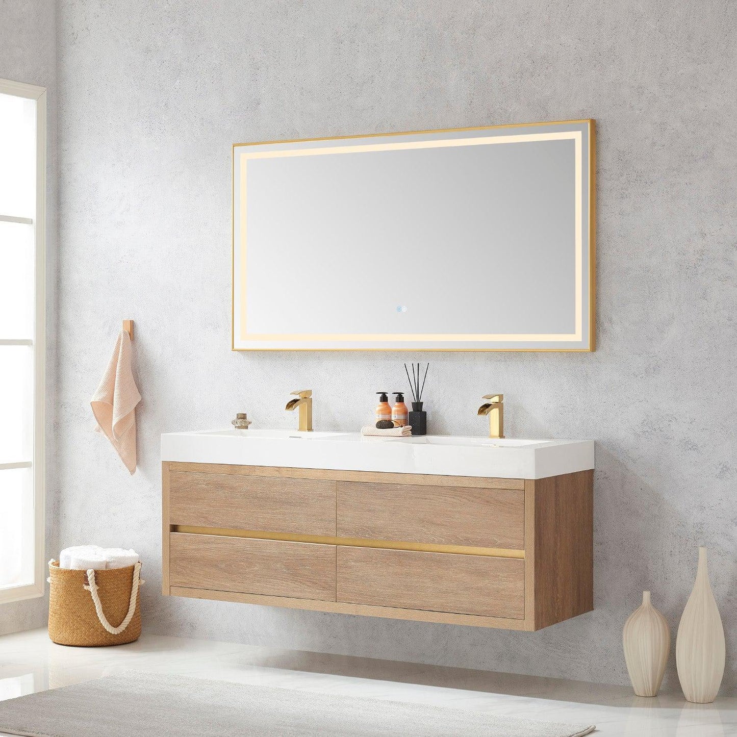 Vinnova Palencia 60" Double Sink Wall-Mount Bath Vanity In North American Oak With White Composite Integral Square Sink Top And Mirror
