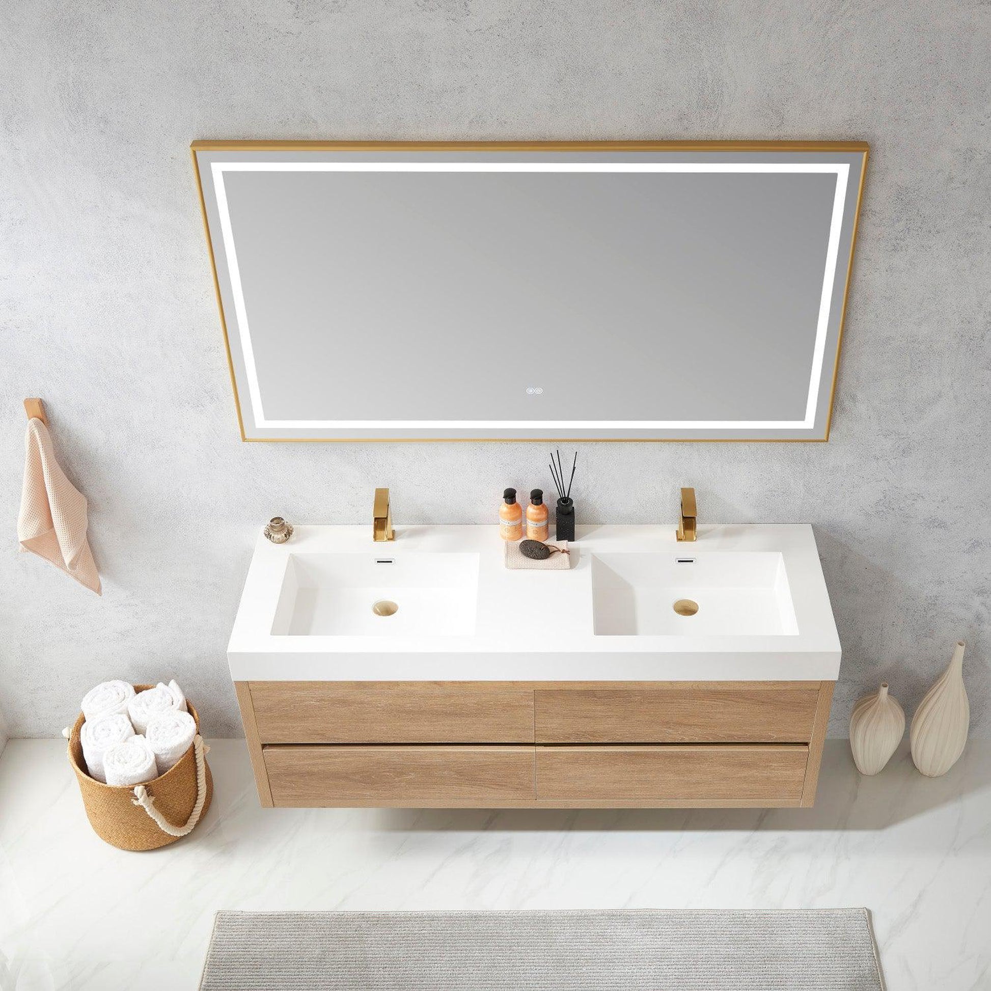 Vinnova Palencia 60" Double Sink Wall-Mount Bath Vanity In North American Oak With White Composite Integral Square Sink Top And Mirror