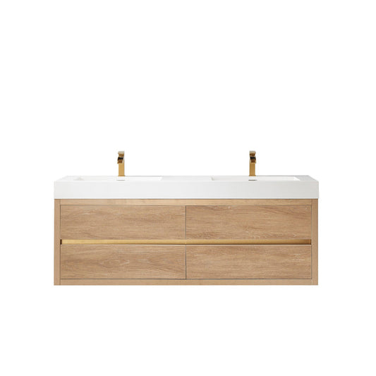 Vinnova Palencia 60" Double Sink Wall-Mount Bath Vanity In North American Oak With White Composite Integral Square Sink Top