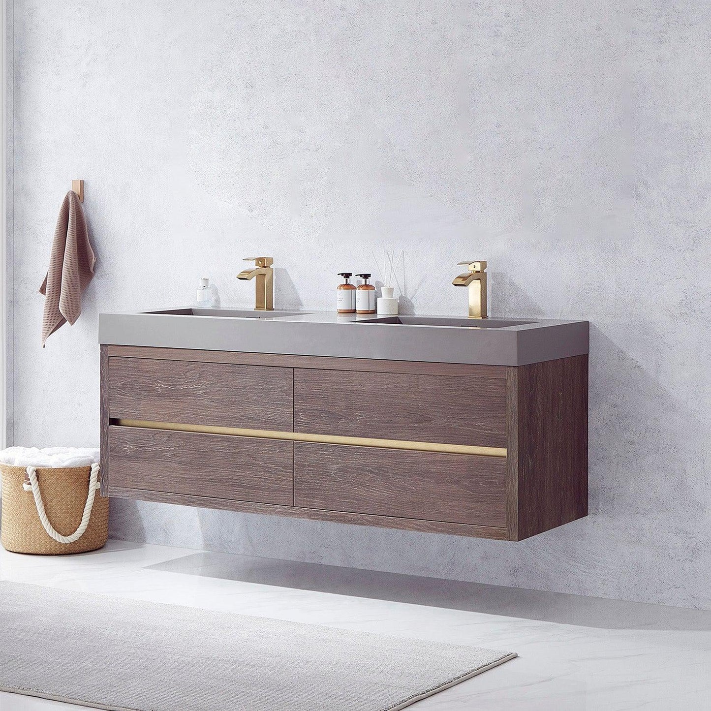 Vinnova Palencia 60" Double Sink Wall-Mount Bath Vanity In North Carolina Oak With Grey Composite Integral Square Sink Top