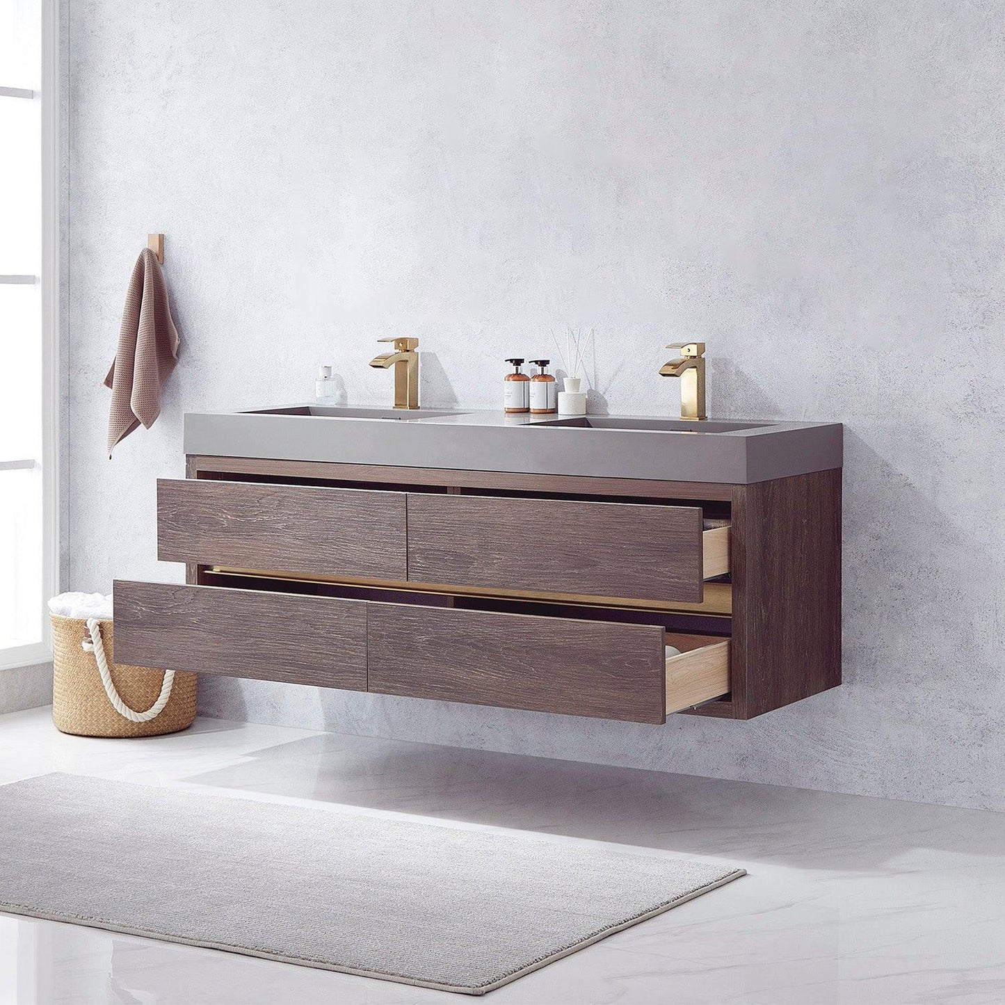 Vinnova Palencia 60" Double Sink Wall-Mount Bath Vanity In North Carolina Oak With Grey Composite Integral Square Sink Top