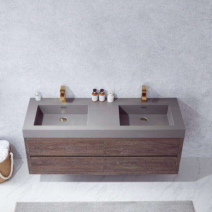 Vinnova Palencia 60" Double Sink Wall-Mount Bath Vanity In North Carolina Oak With Grey Composite Integral Square Sink Top