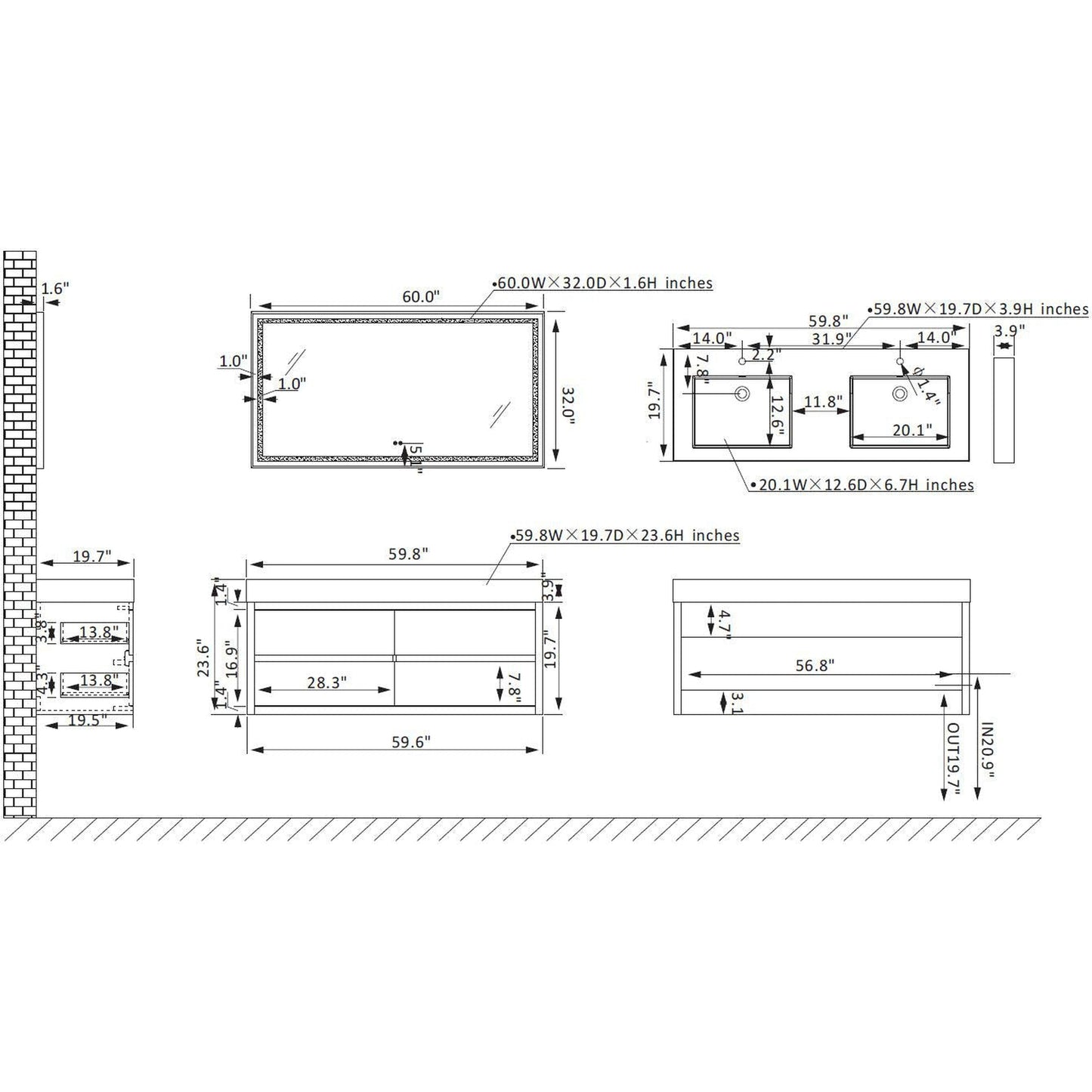 Vinnova Palencia 60" Double Sink Wall-Mount Bath Vanity In North Carolina Oak With Grey Composite Integral Square Sink Top And Mirror