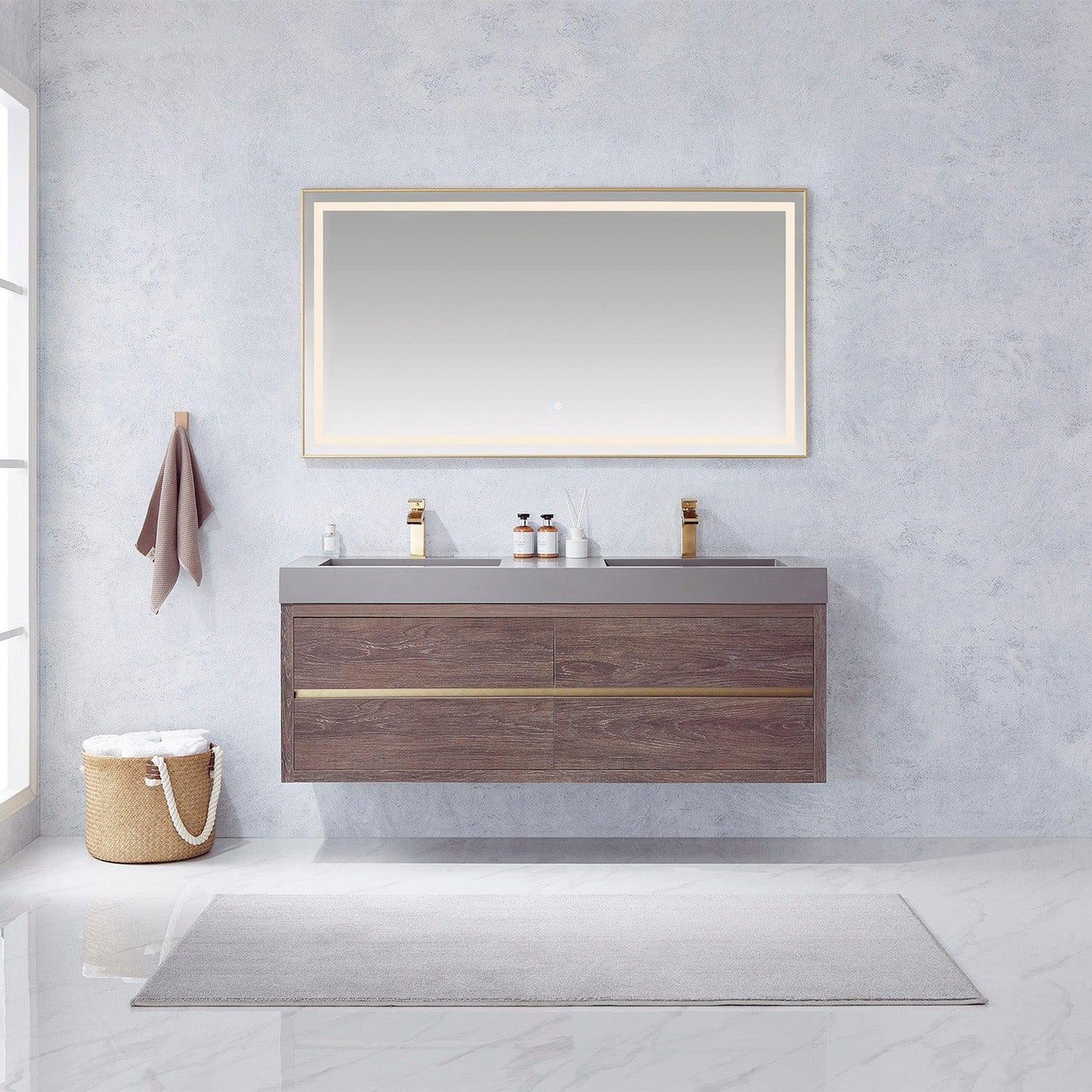 Vinnova Palencia 60" Double Sink Wall-Mount Bath Vanity In North Carolina Oak With Grey Composite Integral Square Sink Top And Mirror