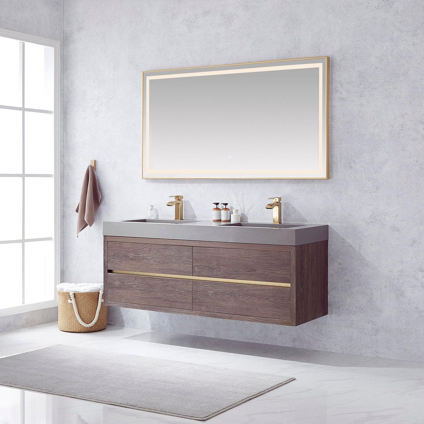 Vinnova Palencia 60" Double Sink Wall-Mount Bath Vanity In North Carolina Oak With Grey Composite Integral Square Sink Top And Mirror