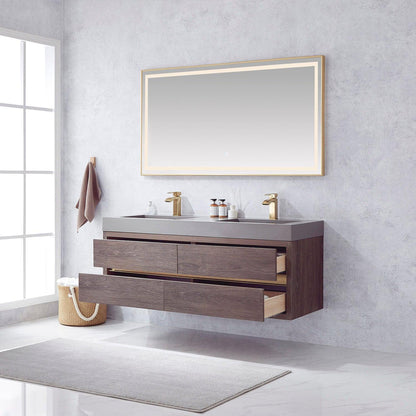 Vinnova Palencia 60" Double Sink Wall-Mount Bath Vanity In North Carolina Oak With Grey Composite Integral Square Sink Top And Mirror