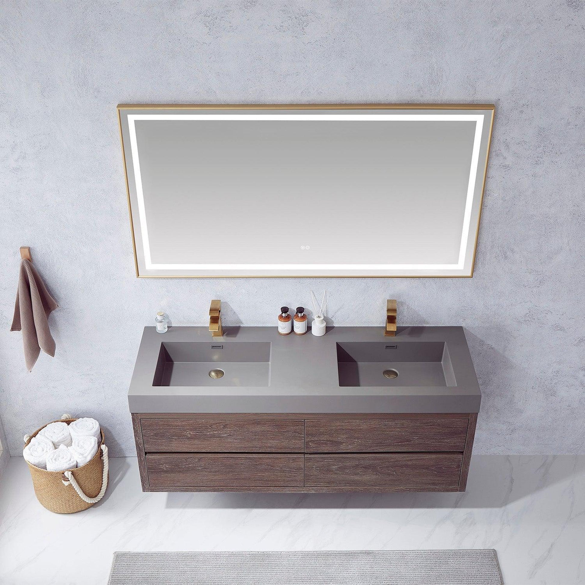 Vinnova Palencia 60" Double Sink Wall-Mount Bath Vanity In North Carolina Oak With Grey Composite Integral Square Sink Top And Mirror