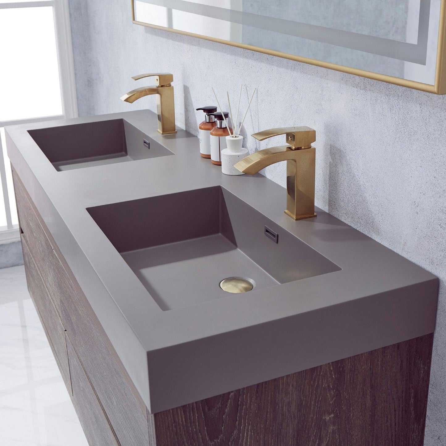 Vinnova Palencia 60" Double Sink Wall-Mount Bath Vanity In North Carolina Oak With Grey Composite Integral Square Sink Top And Mirror