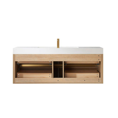 Vinnova Palencia 60" Single Sink Wall-Mount Bath Vanity In North American Oak With White Composite Integral Square Sink Top