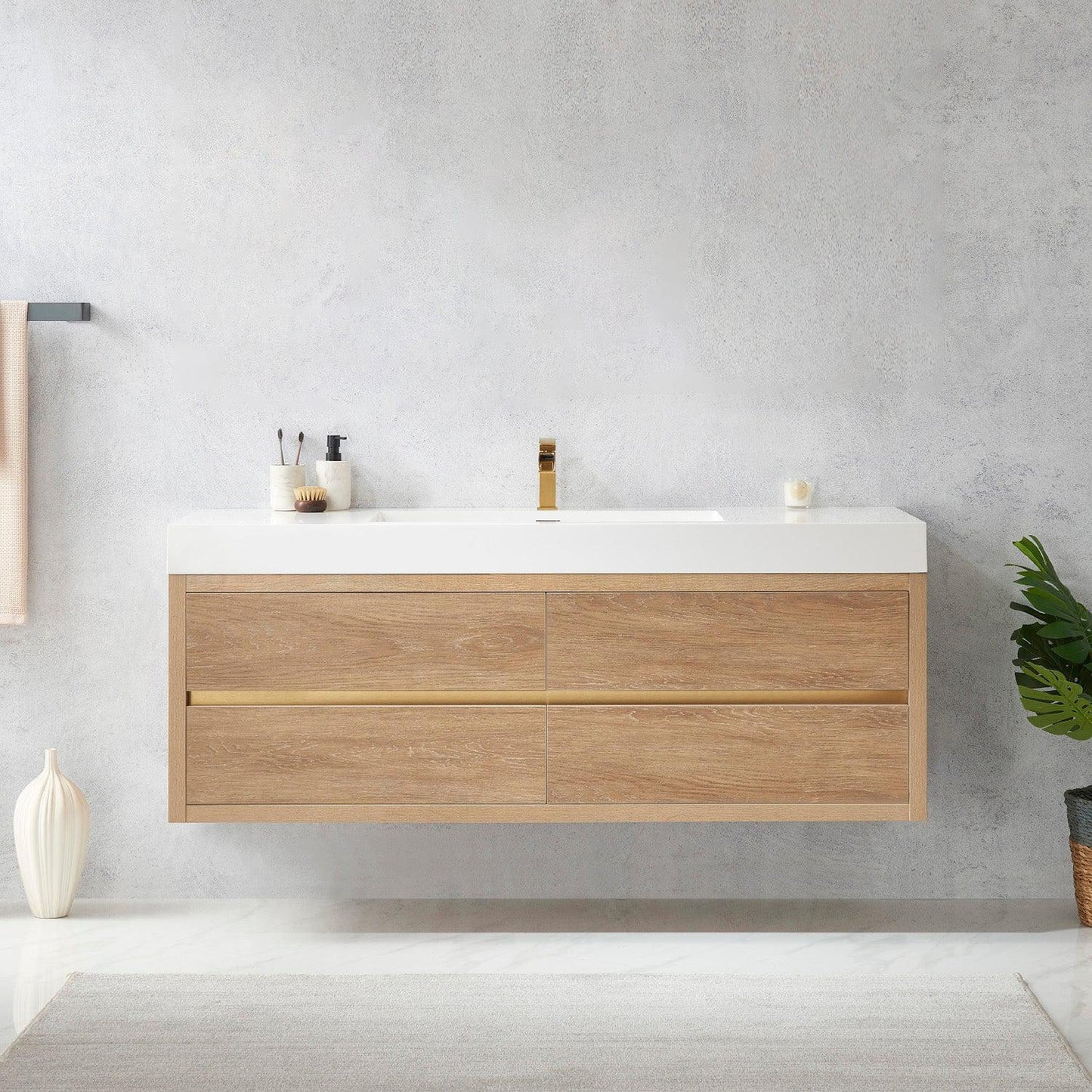 Vinnova Palencia 60" Single Sink Wall-Mount Bath Vanity In North American Oak With White Composite Integral Square Sink Top