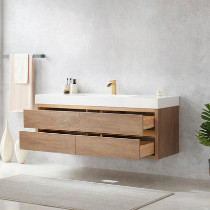 Vinnova Palencia 60" Single Sink Wall-Mount Bath Vanity In North American Oak With White Composite Integral Square Sink Top