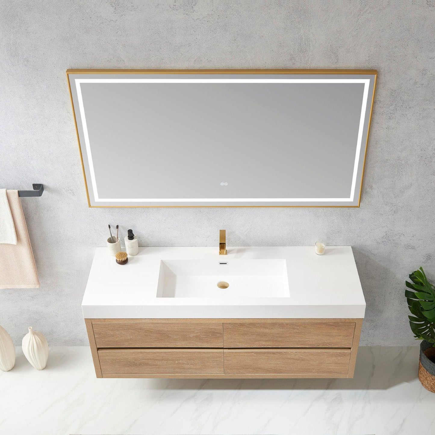 Vinnova Palencia 60" Single Sink Wall-Mount Bath Vanity In North American Oak With White Composite Integral Square Sink Top And Mirror