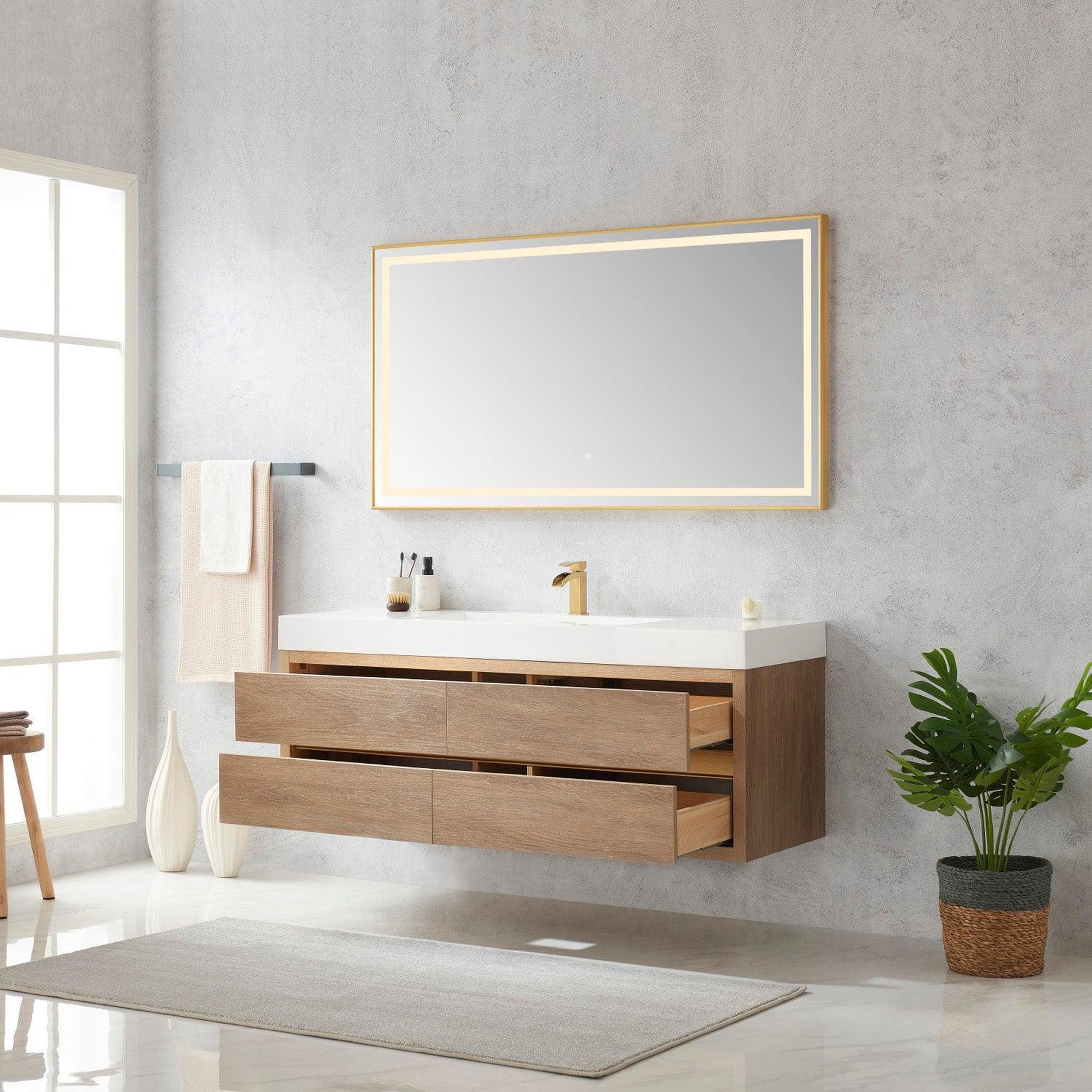 Vinnova Palencia 60" Single Sink Wall-Mount Bath Vanity In North American Oak With White Composite Integral Square Sink Top And Mirror