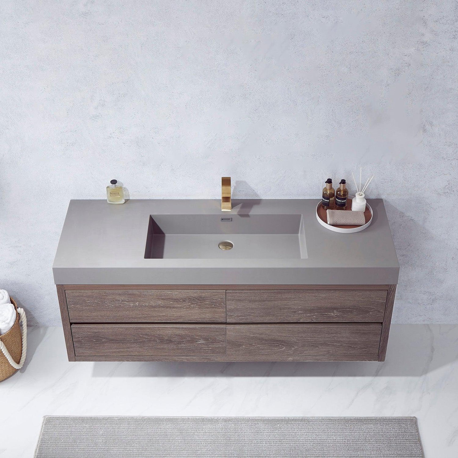 Vinnova Palencia 60" Single Sink Wall-Mount Bath Vanity In North Carolina Oak With Grey Composite Integral Square Sink Top